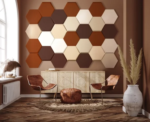 Akustický panel Mistr Akustik Design – šestiúhelník zkosený - Výška: 433 mm, Šířka: 500 mm, Tloušťka: 50 mm, Série: Design